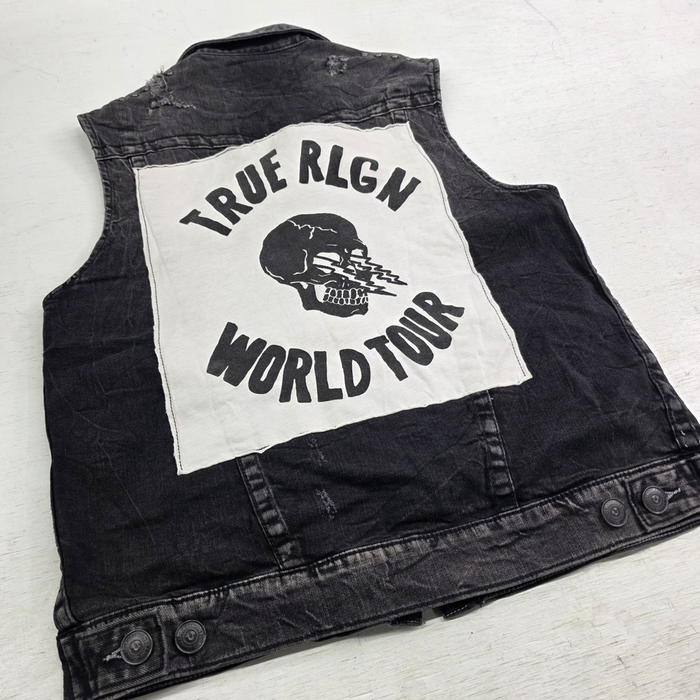 True Religion Distressed Jimmy Western Denim Vest Jacket Black Concrete Men's S - Picture 9 of 16